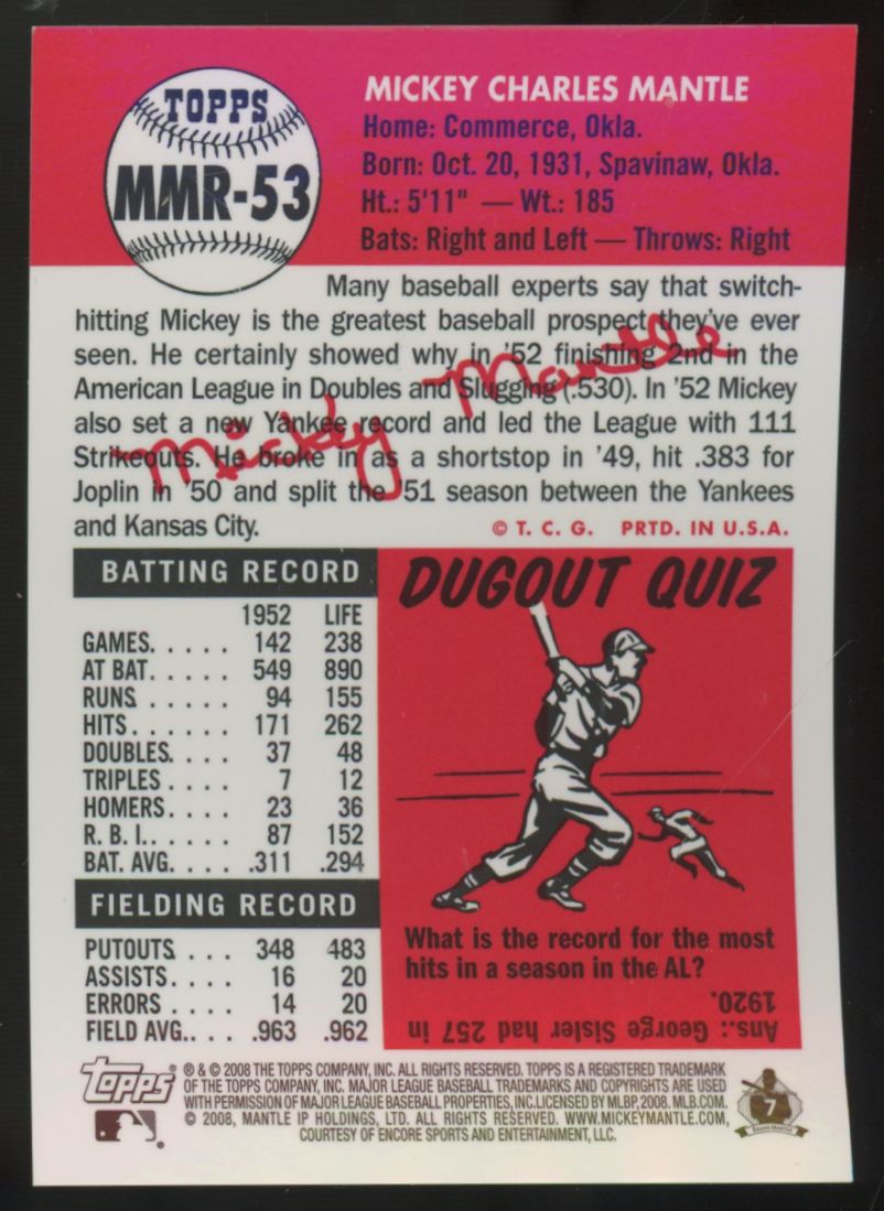 2008 Topps Mickey Mantle Reprint Blue Refractor #MMR-53 "G"