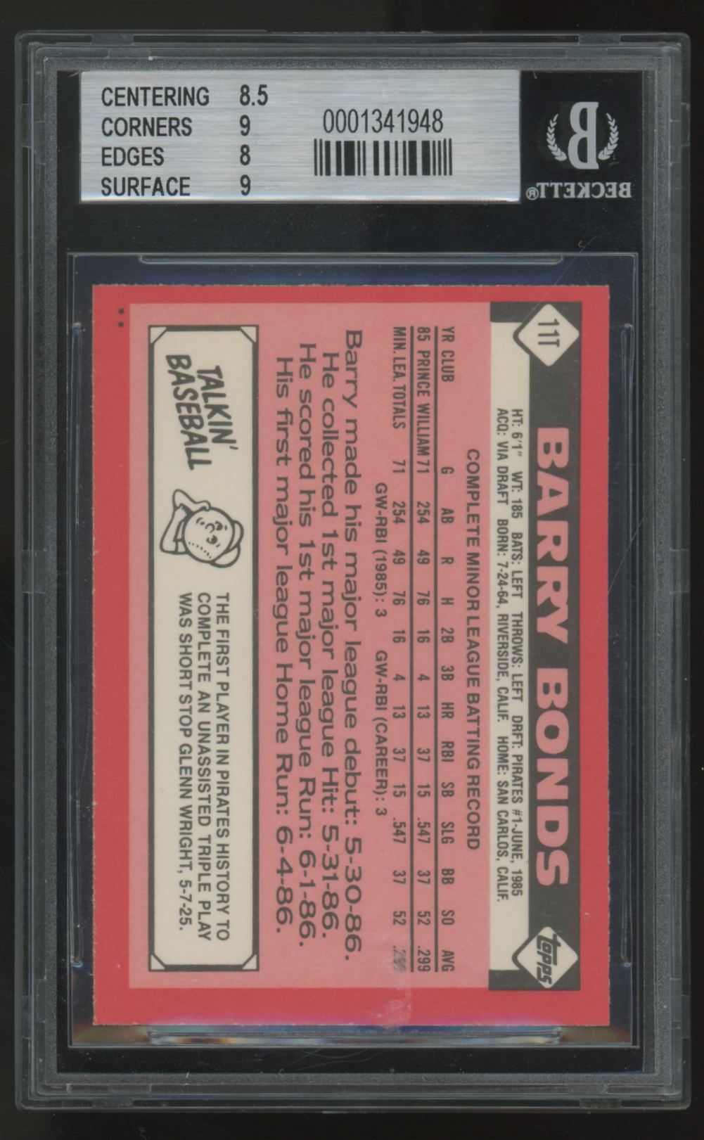 1986 Topps Traded Barry Bonds RC #11T BGS 8.5 *948