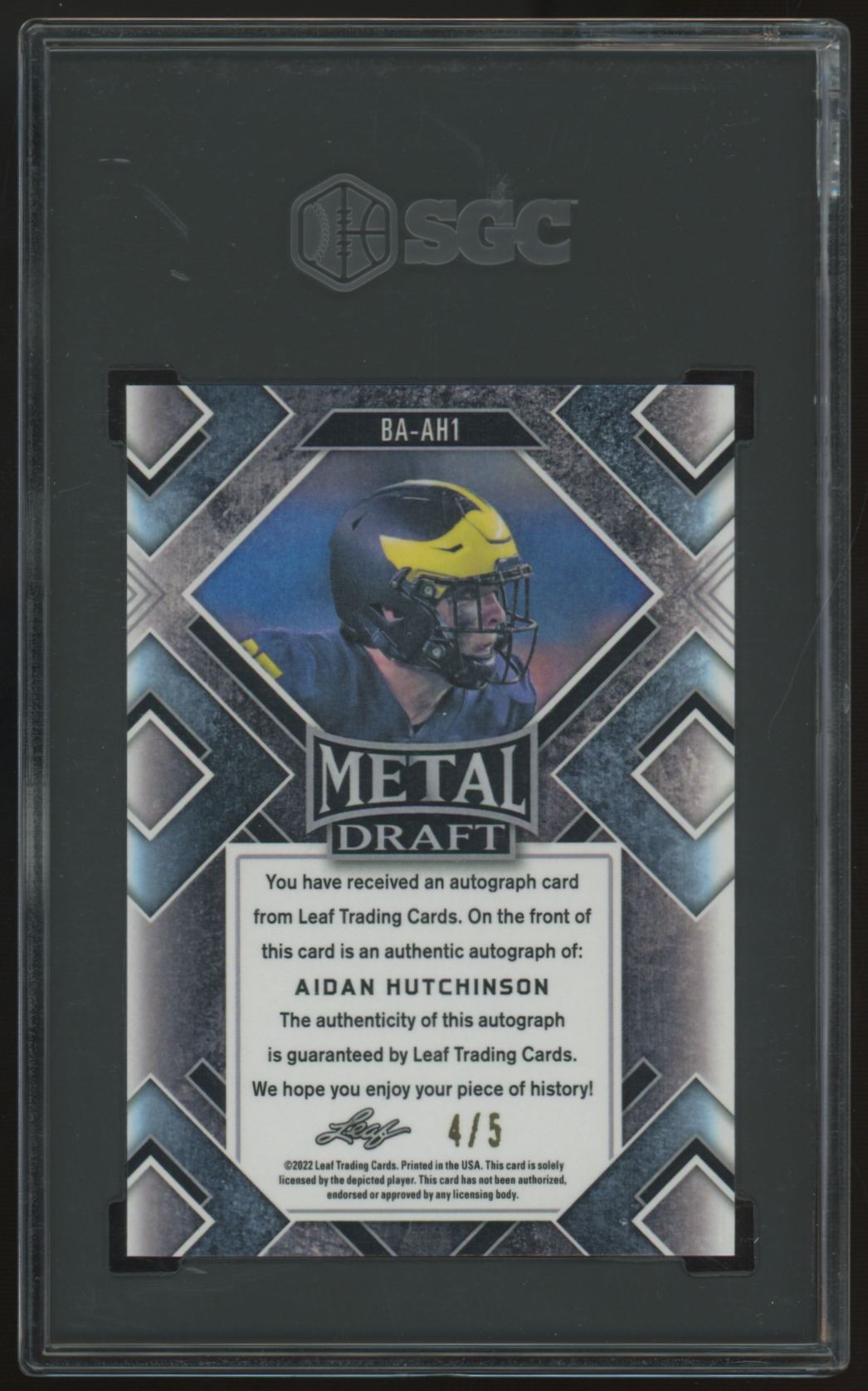 2023 Leaf Metal Draft Aidan Hutchinson RC Green Crystal Auto /5 #BA-AH1 SGC 8 10