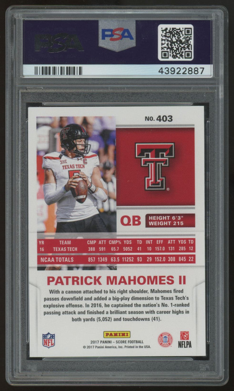 2017 Score Patrick Mahomes RC #403 Scorecard PSA 8.5