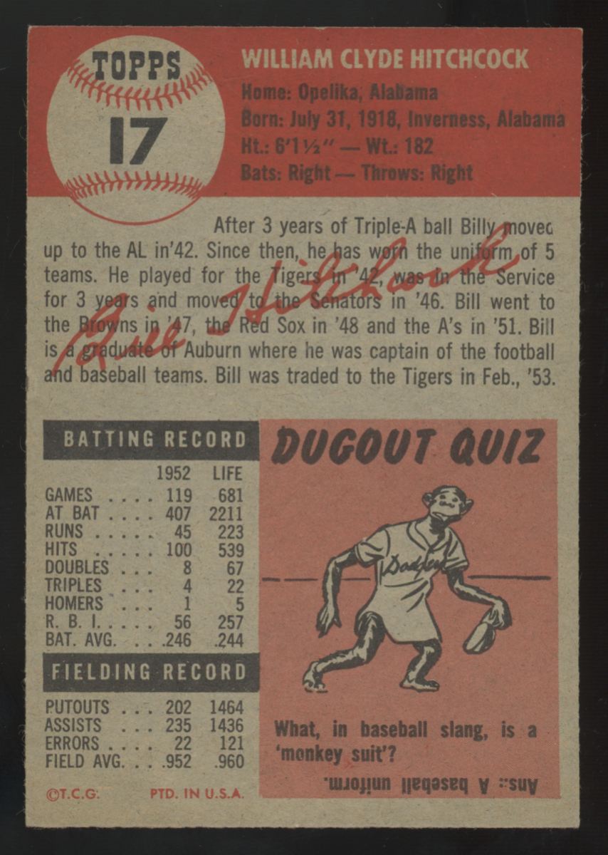 1953 Topps Billy Hitchcock #17 VG