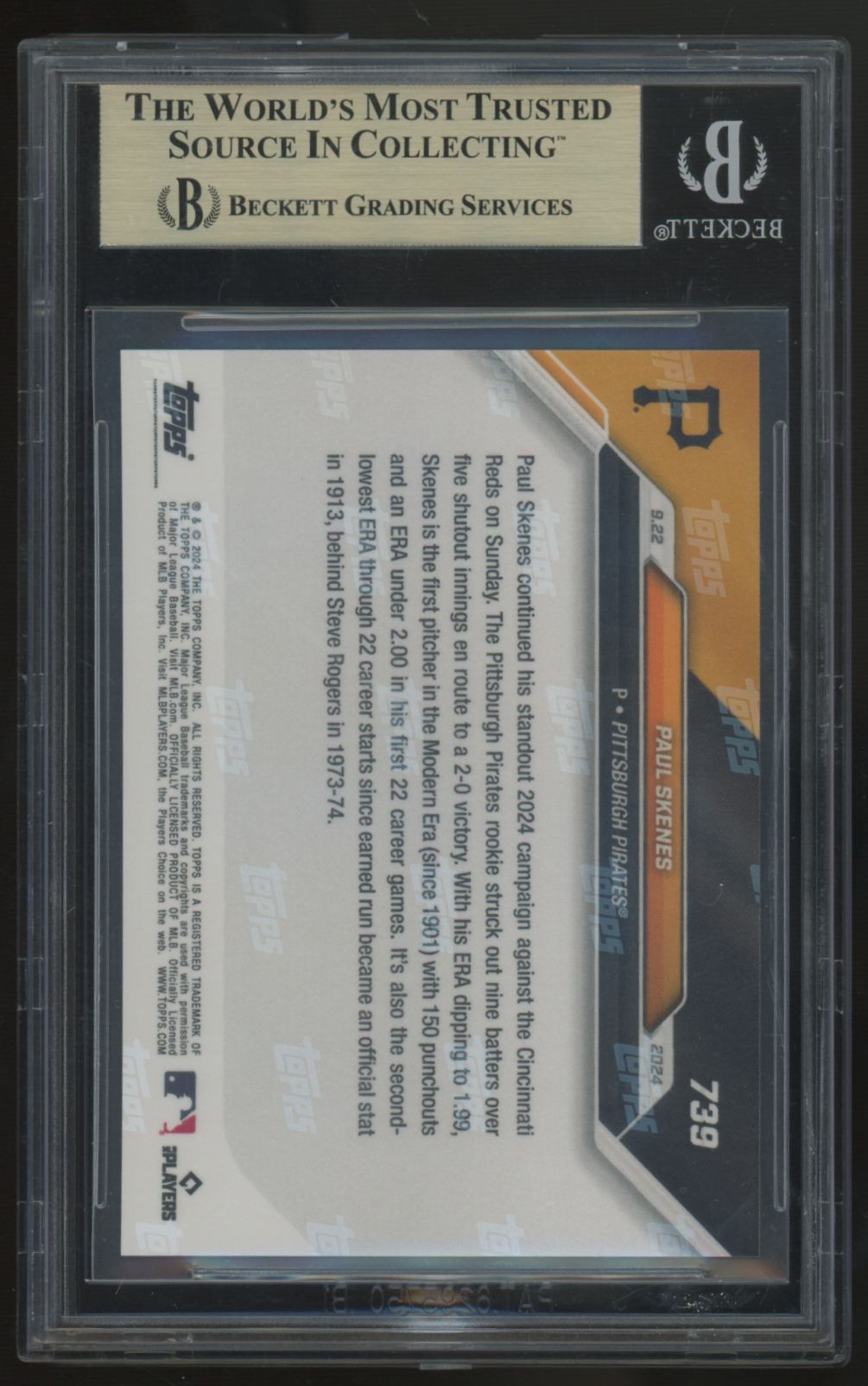 2024 Topps Now Paul Skenes RC 2nd Lowest ERA #739 BGS 9.5