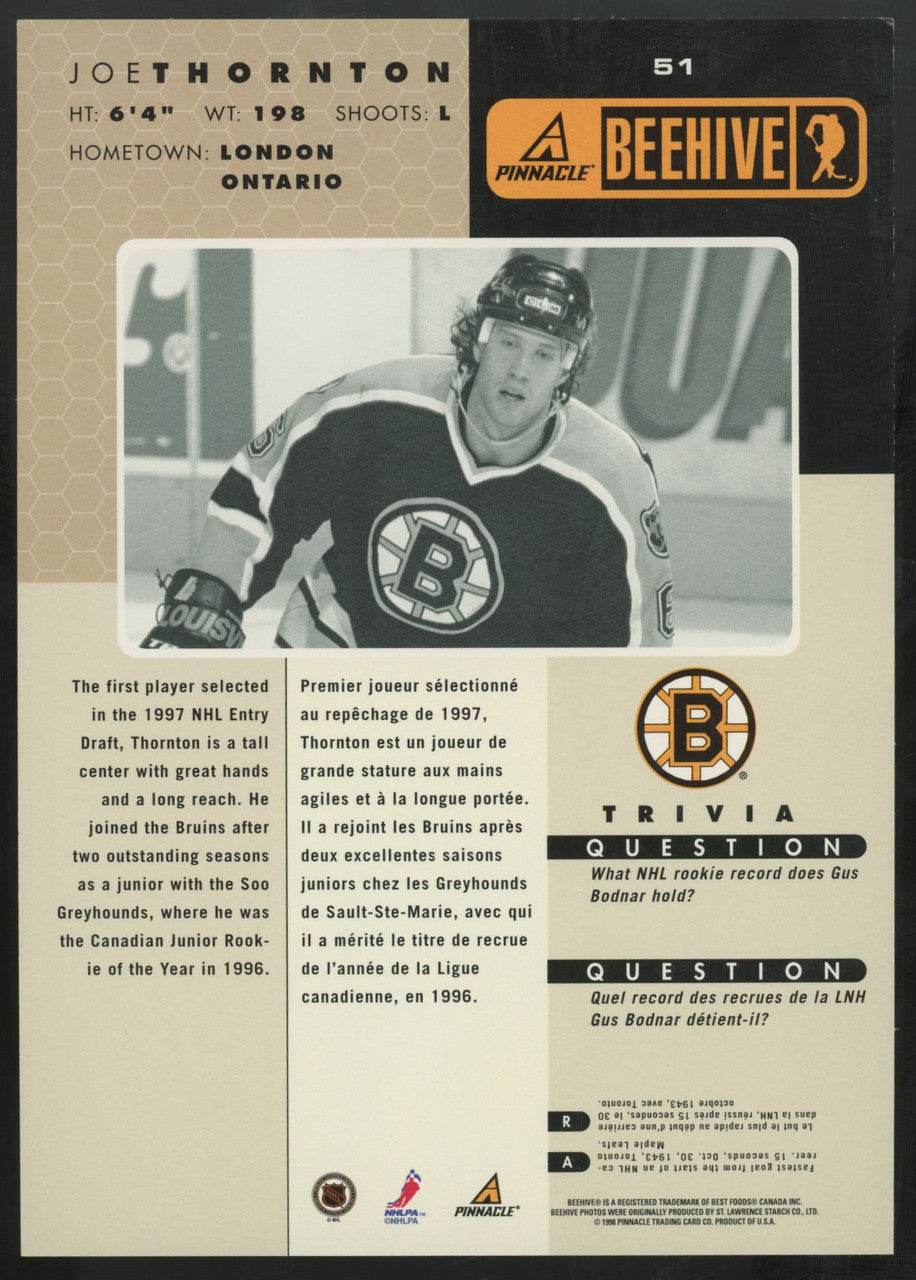 1997-98 Pinnacle Beehive Joe Thornton RC Jumbo Auto #51