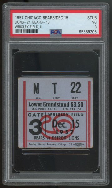 1957 Chicago Bears Ticket Stub vs. Detroit Lions Wrigley Field PSA 3
