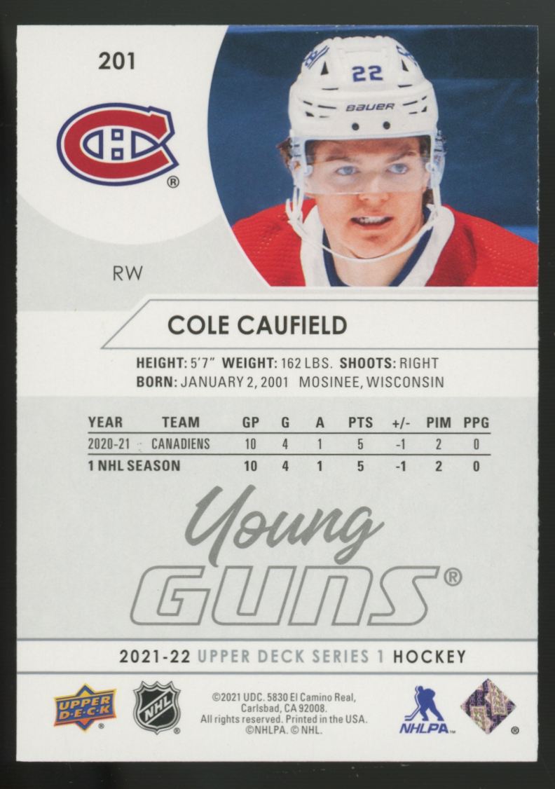 2021-22 Upper Deck Series One Cole Caufield RC Young Guns #201