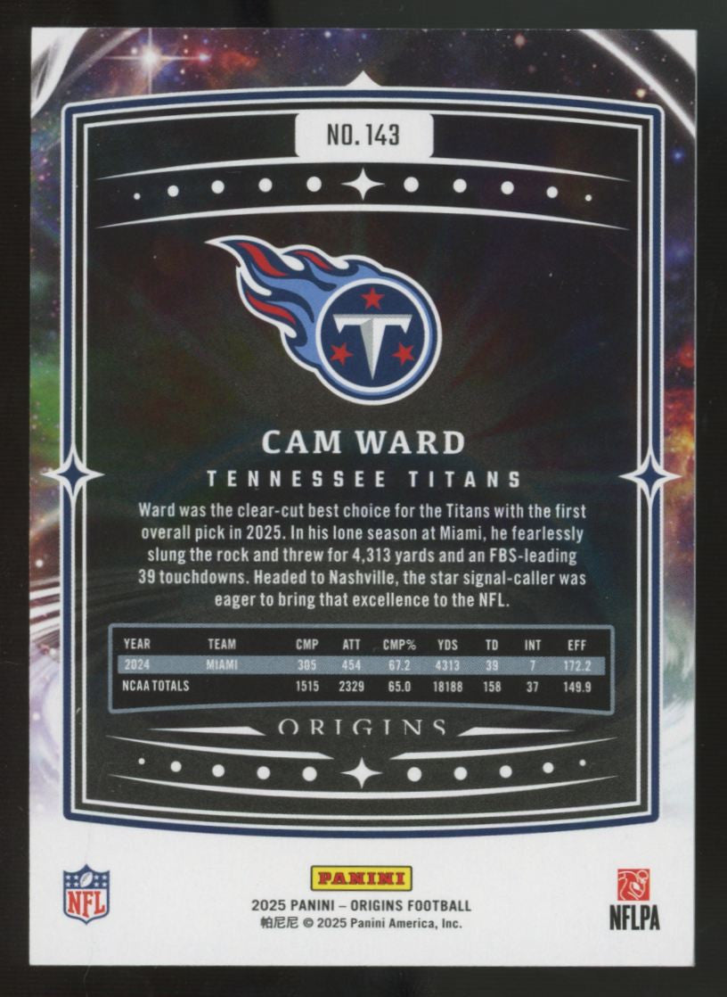 2025 Panini Origins Cam Ward RC Turquoise /50 #143