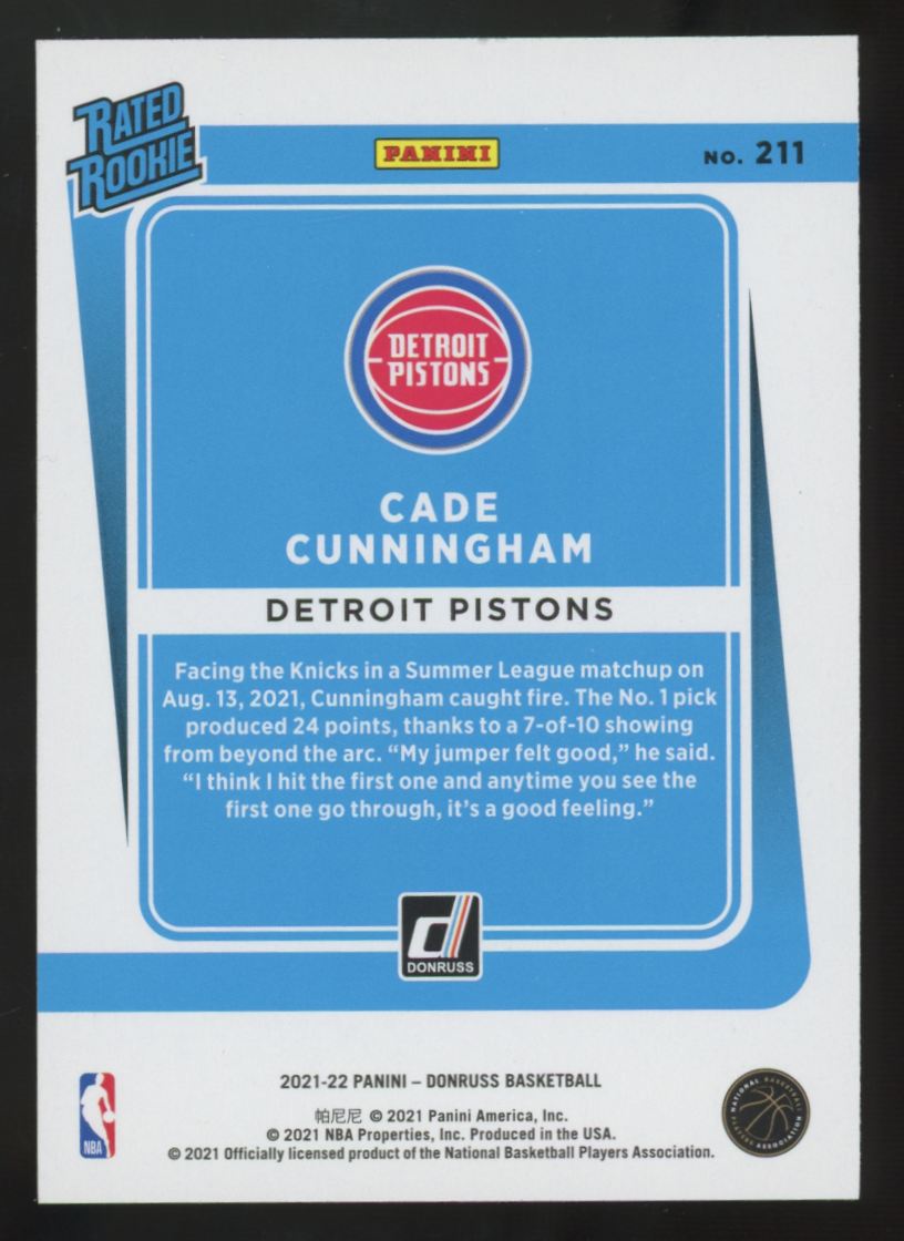 2021-22 Donruss Cade Cunningham RC Rated Rookie Green/Yellow Holo Laser #211