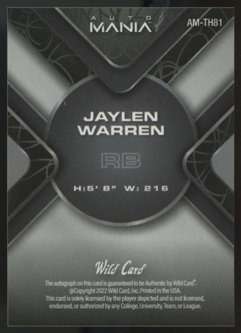 2022 Wild Card Auto Mania Jaylen Warren Platinum Lazer Auto /3 #AM-TH81