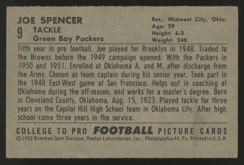 1952 Bowman Small Joe Spencer #9 VG/EX-EX