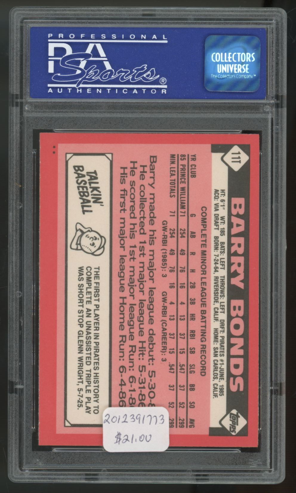 1986 Topps Traded Barry Bonds RC #11T PSA 8 *733