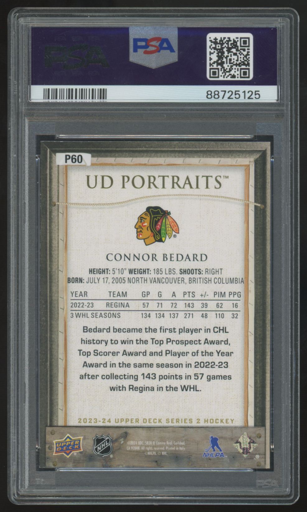 2023-24 Upper Deck Series Two Connor Bedard RC Portraits #P60 PSA 8.5