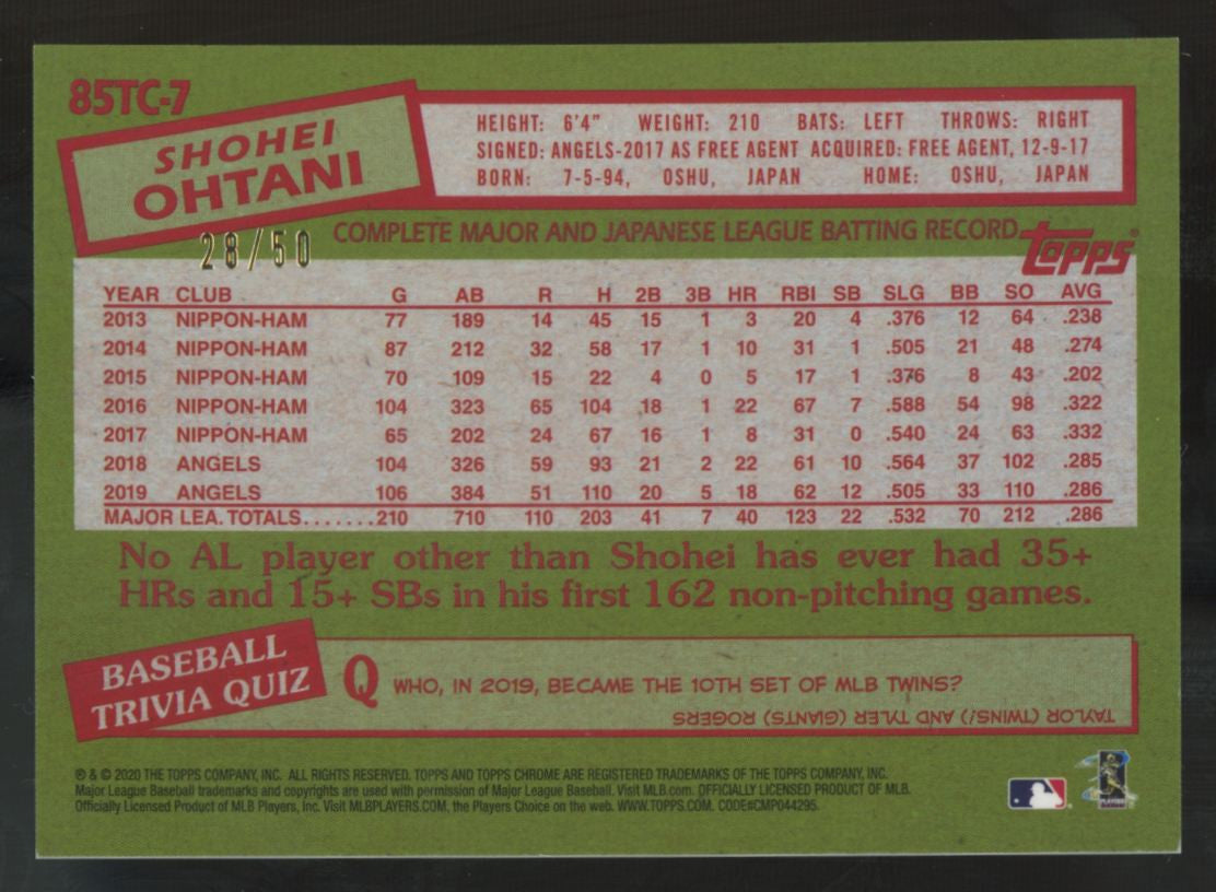 2020 Topps Chrome Ben Baller Shohei Ohtani 1985 Gold Refractor /50 #85TC-7