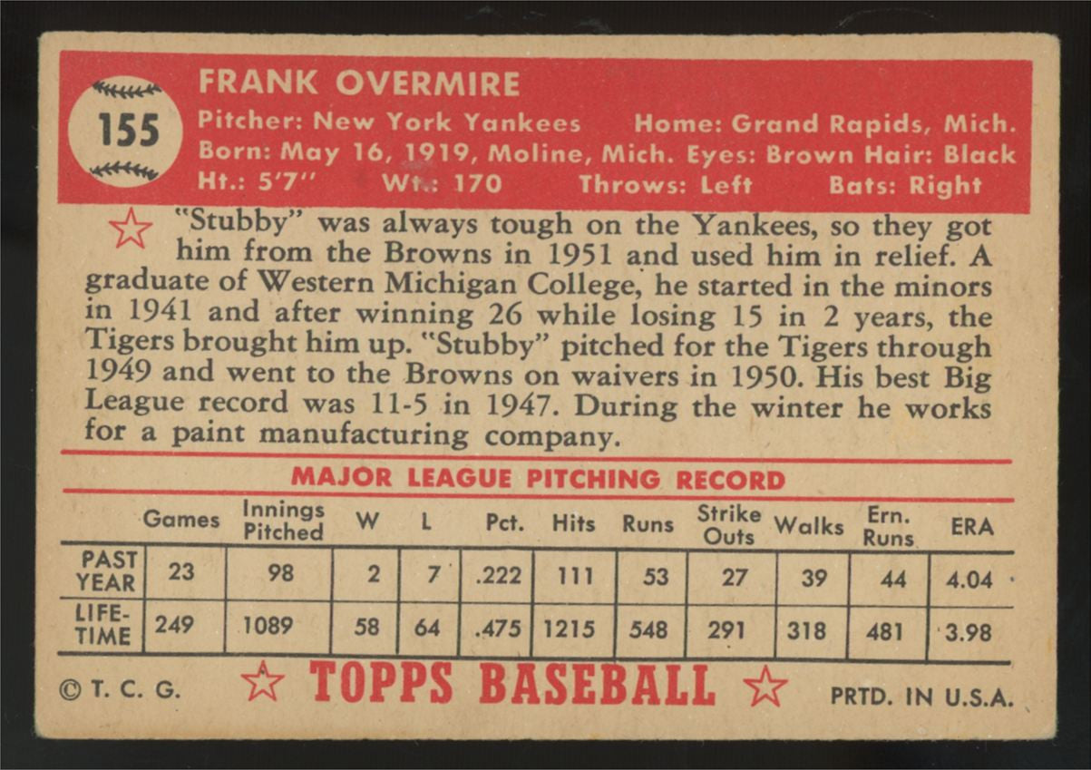 1952 Topps Frank Overmire #155 VG
