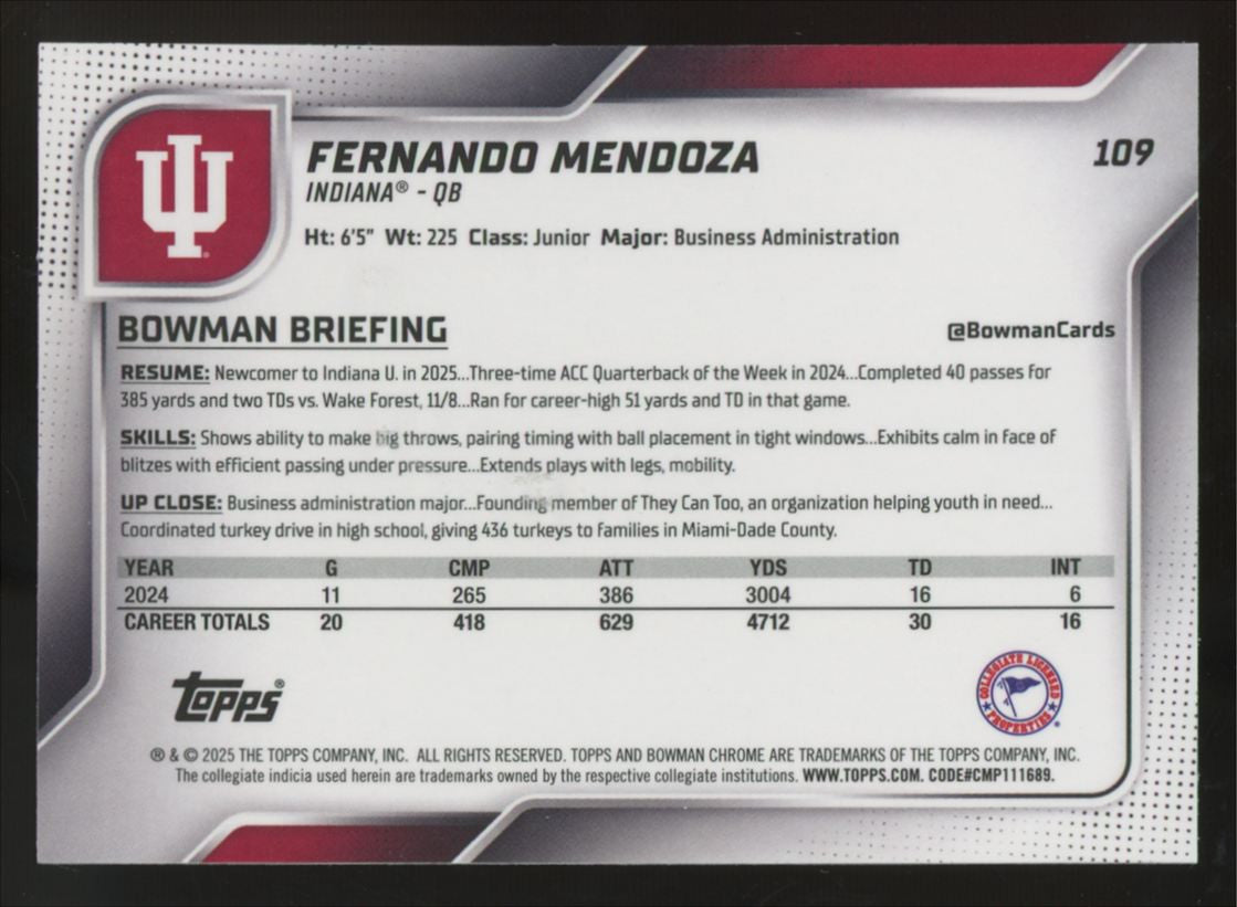 2025 Bowman Chrome University Fernando Mendoza 1st Aqua Refractor /325 #109