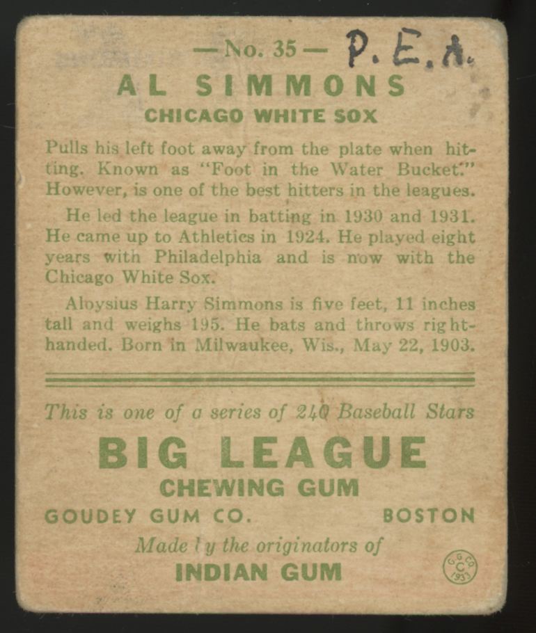 1933 Goudey Al Simmons #35 VG (MK)