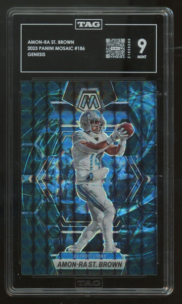 2023 Panini Mosaic Amon-Ra St. Brown Genesis Prizm SSP #186 TAG 9