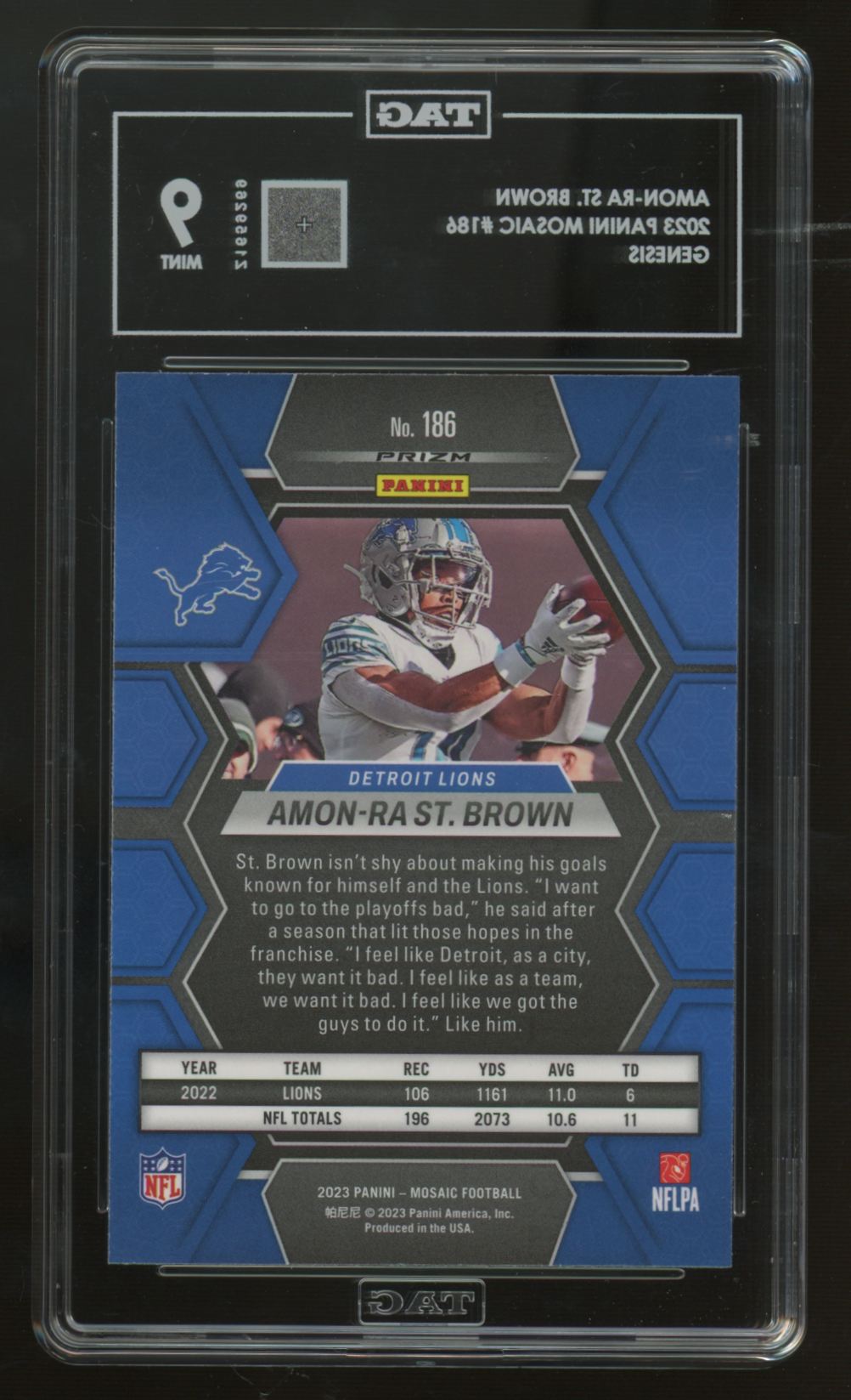 2023 Panini Mosaic Amon-Ra St. Brown Genesis Prizm SSP #186 TAG 9