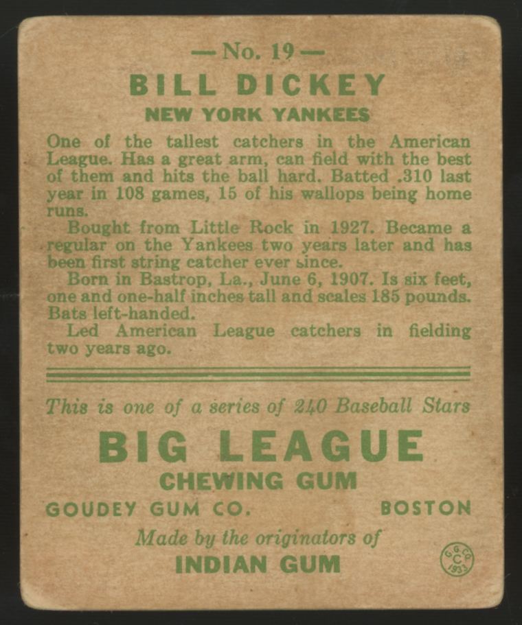 1933 Goudey Bill Dickey #19 VG