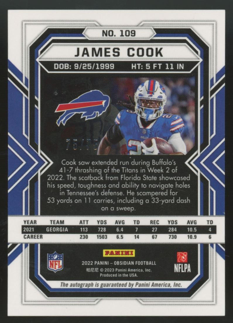 2022 Panini Obsidian James Cook RC Electric Etch Orange Auto /75 #109