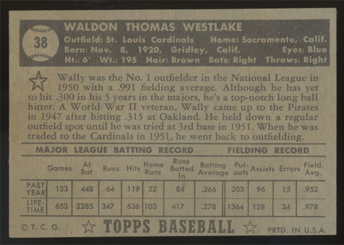 1952 Topps Wally Westlake Black Back #38 EX