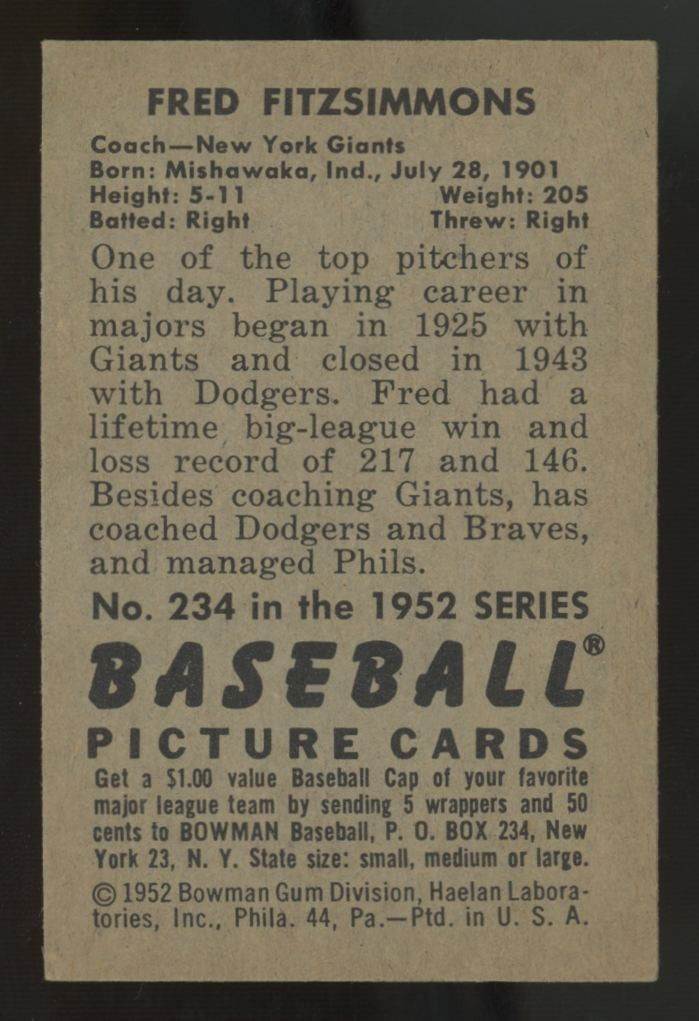 1952 Bowman Fred Fitzsimmons #234 VG/EX
