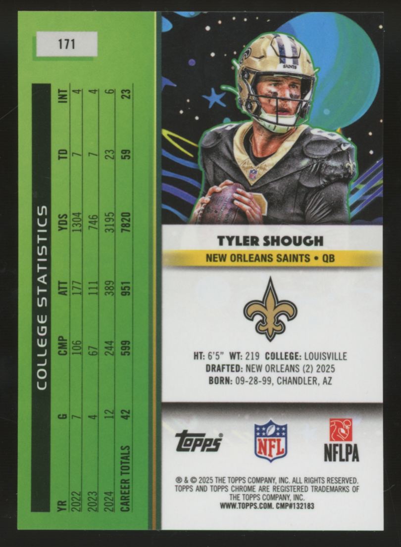 2025 Topps Chrome Cosmic Tyler Shough RC Purple Nebula Refractor /150 #171