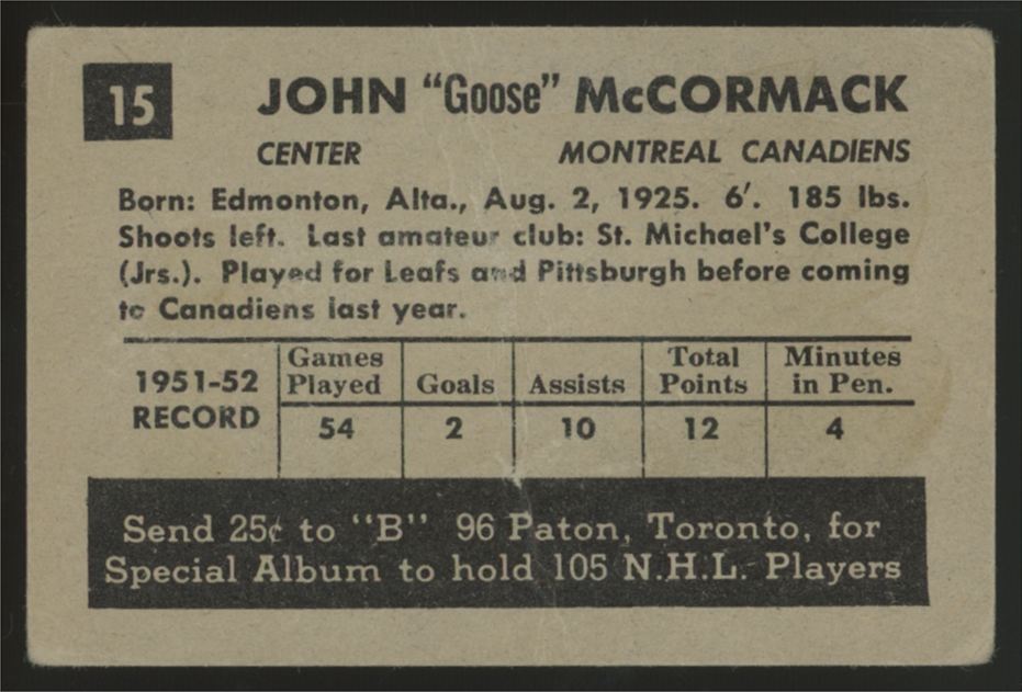 1952-53 Parkhurst John "Goose" McCormack #15 Good (Crease)