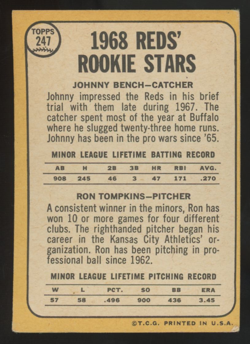 1968 Topps Johnny Bench/Ron Tompkins RC Rookie Stars #247 Good