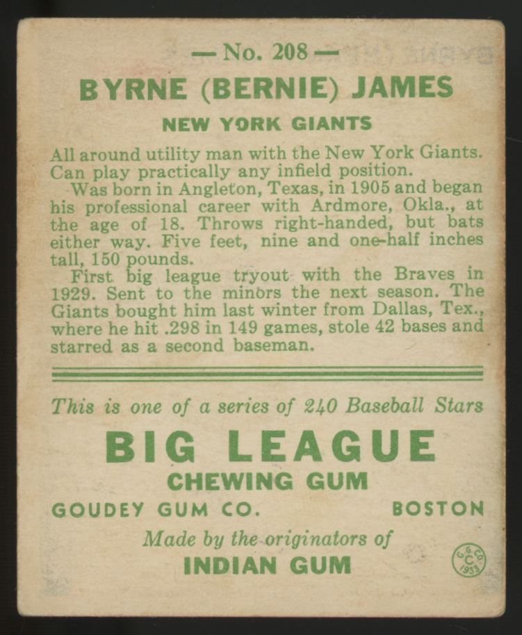 1933 Goudey Byrne "Bernie" James #208 VG
