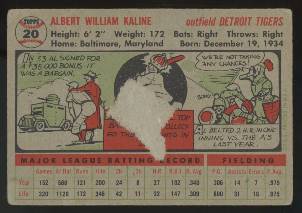 1956 Topps Al Kaline White Back #20 Poor (Paper Loss)