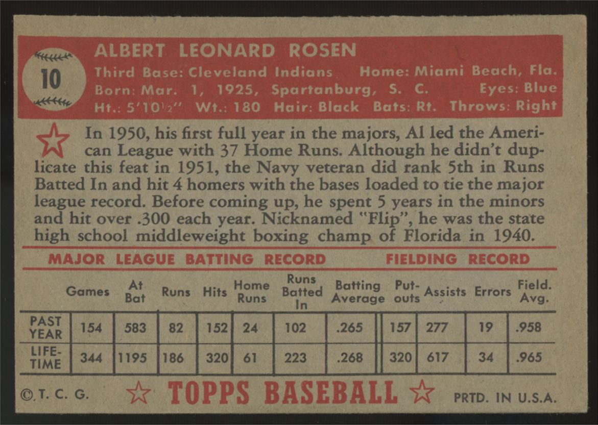 1952 Topps Al Rosen #10 Good