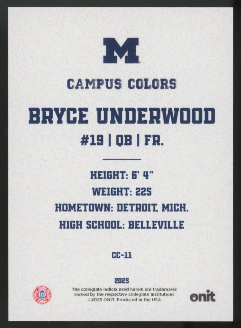 2025 Onit U Of M Bryce Underwood Campus Colors Silver /149 #CC-11