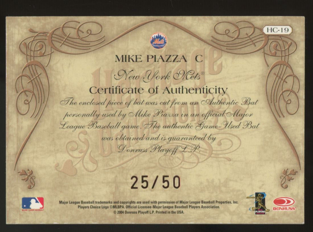 2004 Diamond Kings Mike Piazza Heritage Collection Bat Relic /50 #HC-19