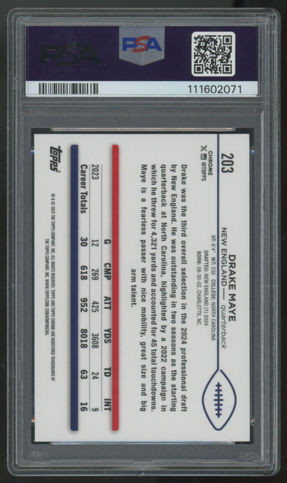 2024 Topps Chrome Drake Maye RC #203 PSA 9