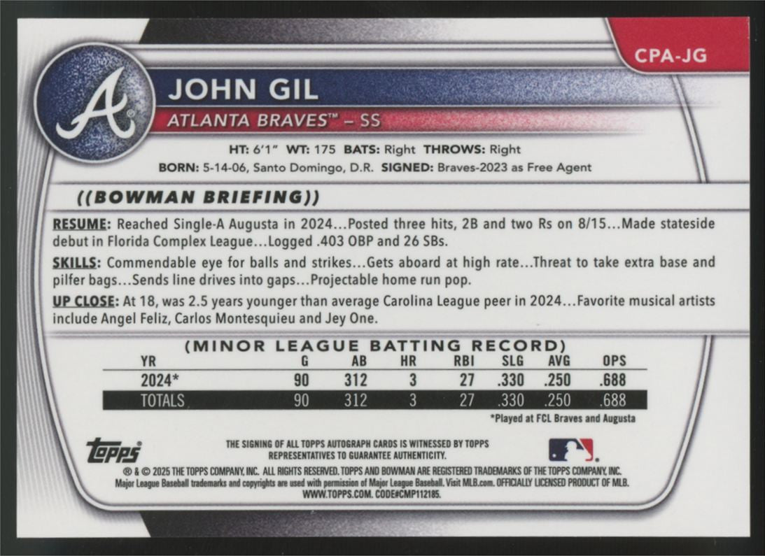 2025 Bowman Chrome John Gil 1st Auto #CPA-JG