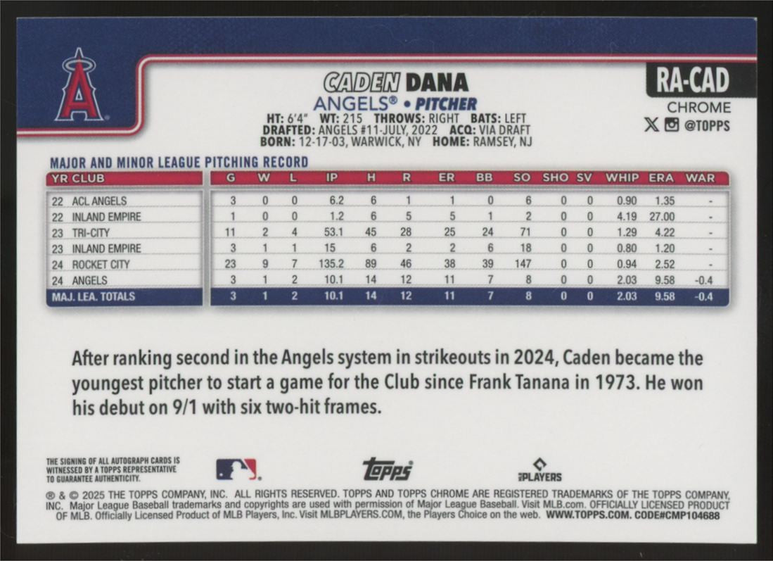 2025 Topps Chrome Logofractor Caden Dana RC Orange Auto /25 #RA-CAD
