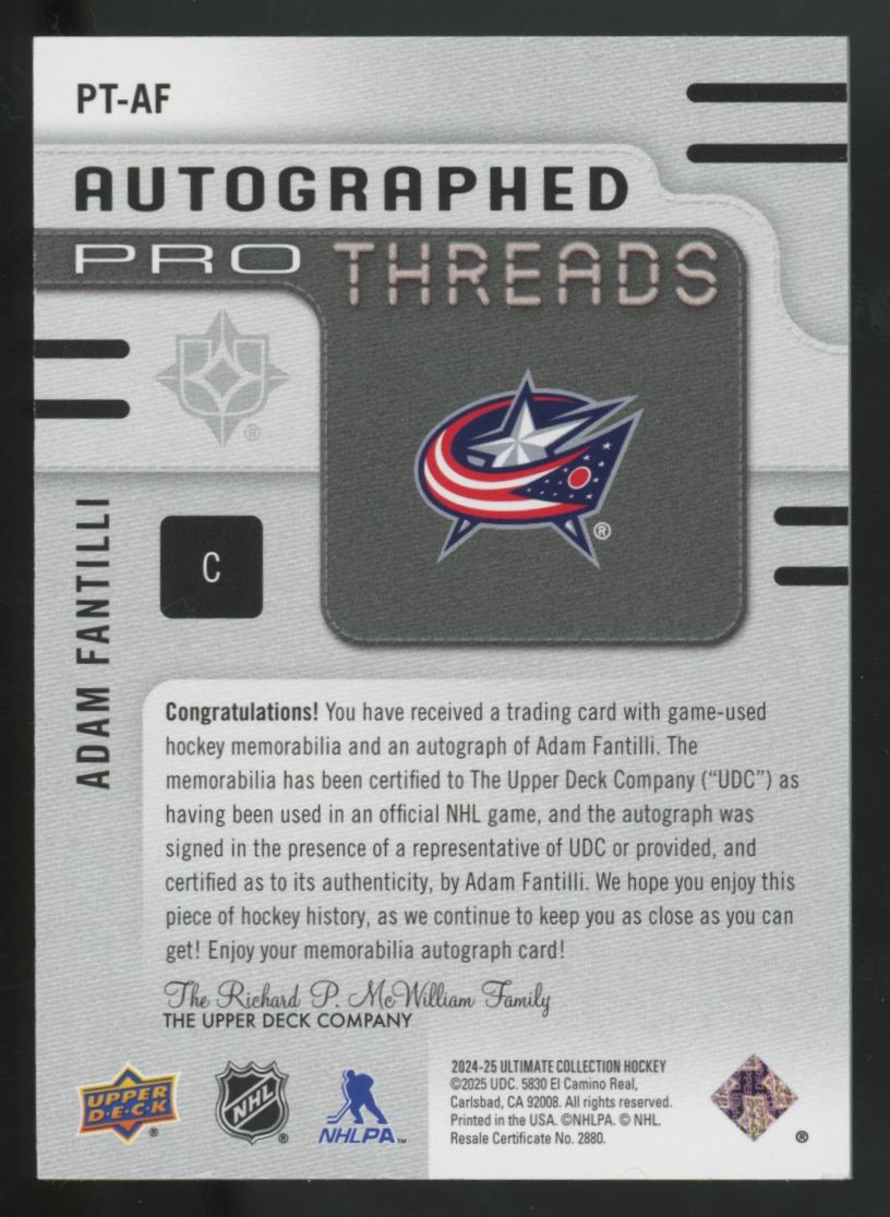 2024-25 Upper Deck Ultimate Adam Fantilli Pro Threads Patch Auto /49 #PT-AF