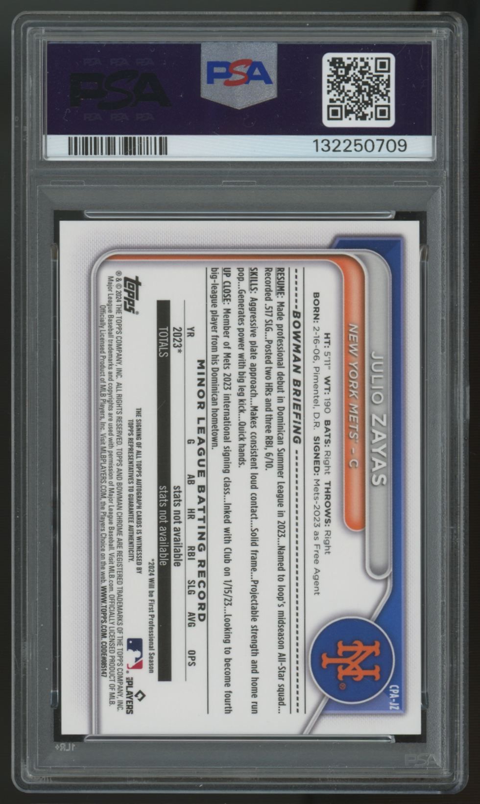 2024 Bowman Chrome Julio Zayas 1st Auto Green Reptilian /99 #BCP-162  PSA 9