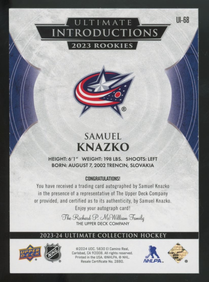 2023-24 UD Ultimate Samuel Knazko RC Purple Introductions Auto /10 #UI-68