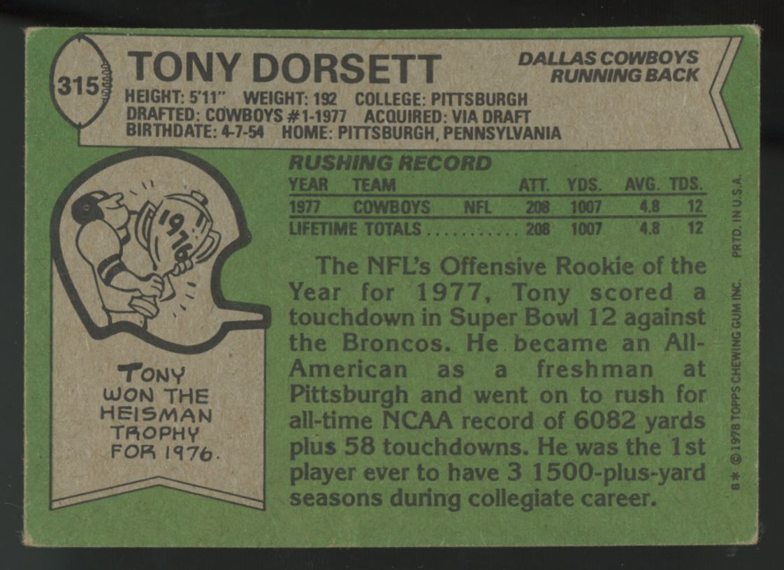 1978 Topps Tony Dorsett RC #315 VG-VG/EX