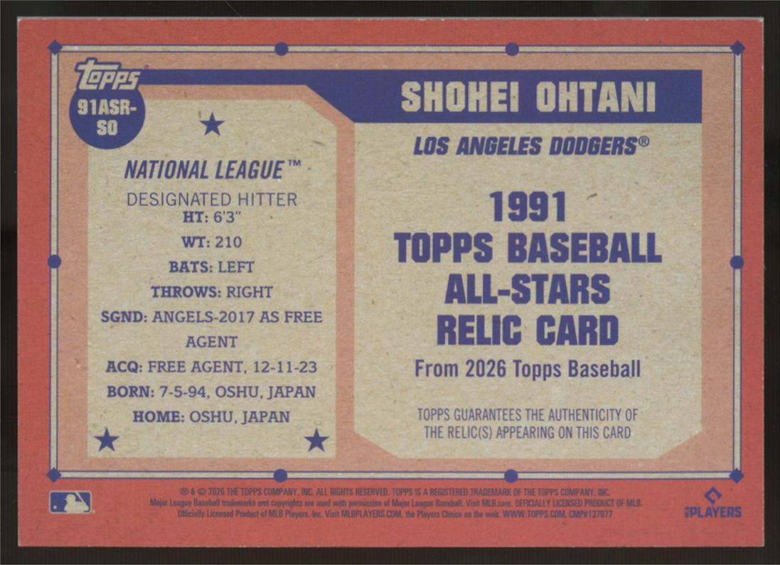 2026 Topps Series Two Shohei Ohtani 1991 All-Star Relics Blue Patch /150