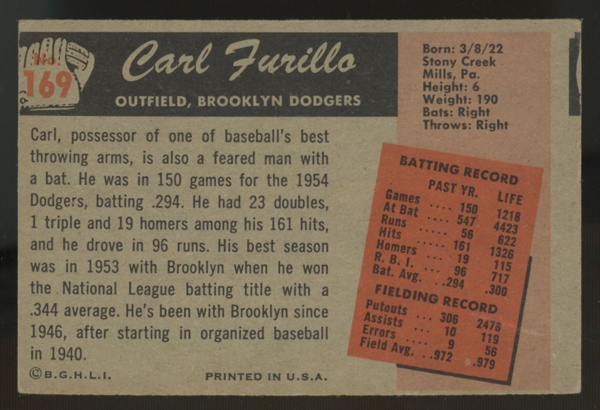 1955 Bowman Carl Furillo #169 VG-EX