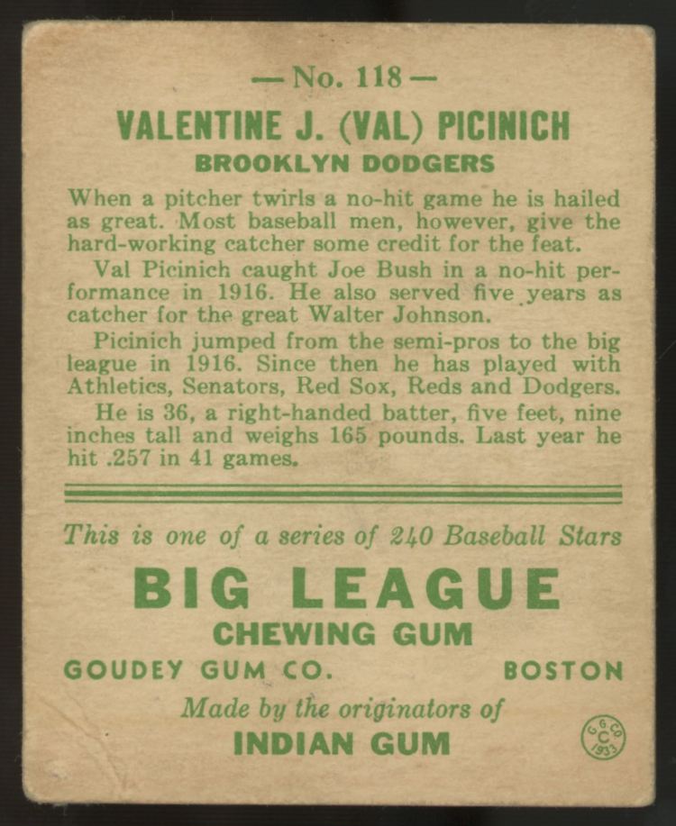 1933 Goudey Valentine J. "Val" Picinich #118 G/VG
