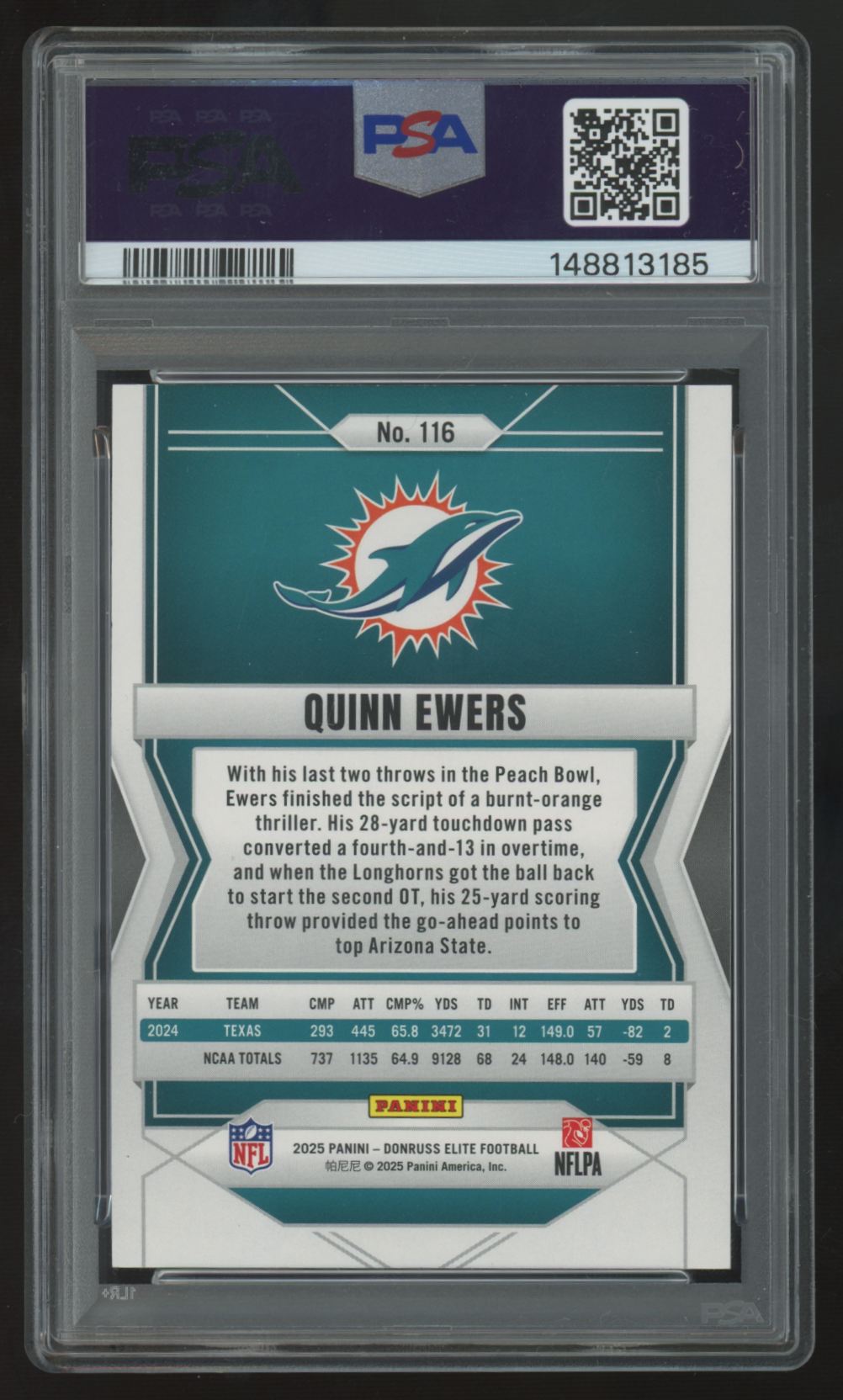 2025 Panini Donruss Elite Quinn Ewers RC Lavender Pyramids /649 #116 PSA 9