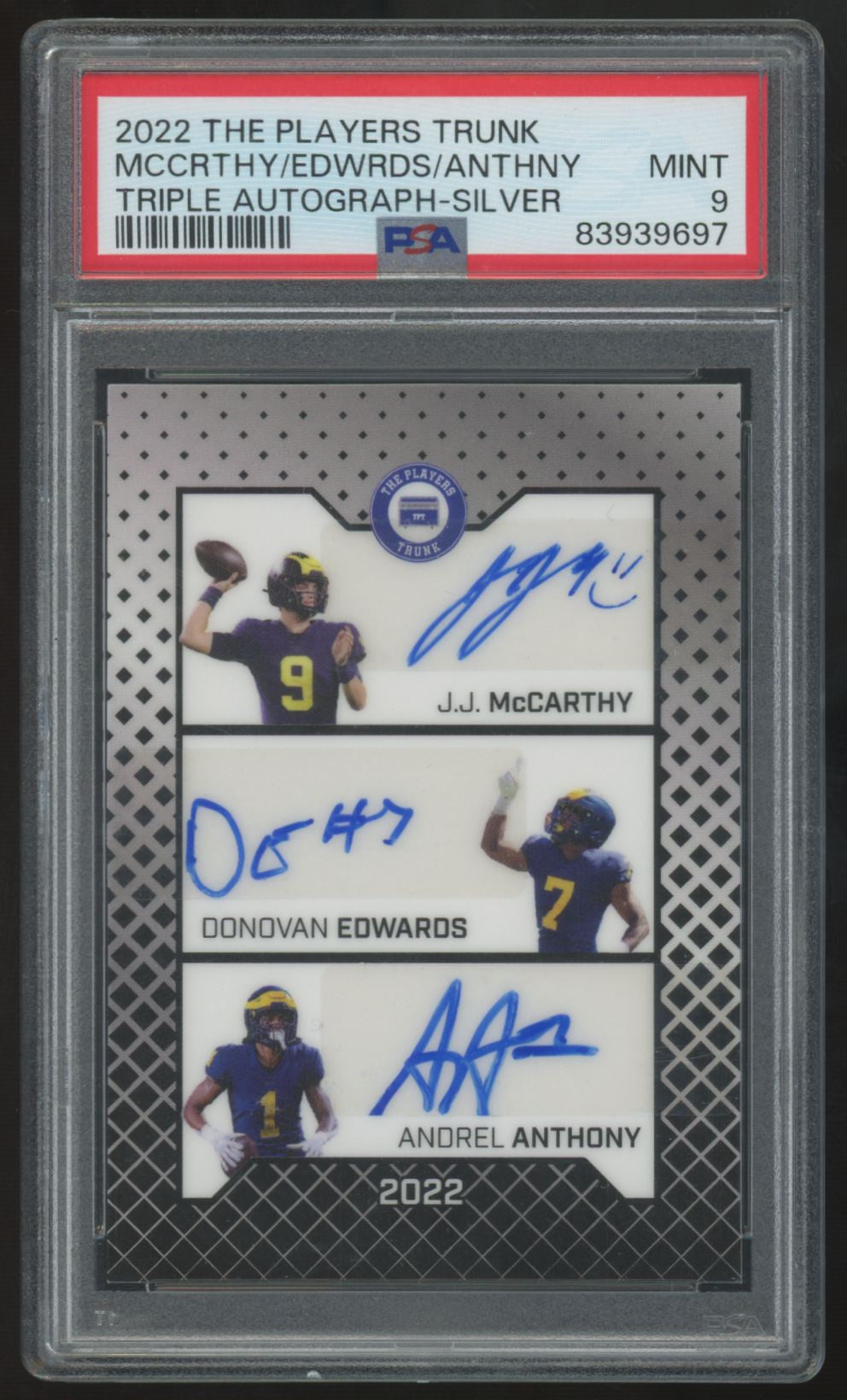 2022 The Players Trunk McCarthy/Edwards/Anthony Silver Triple Auto /75 PSA 9