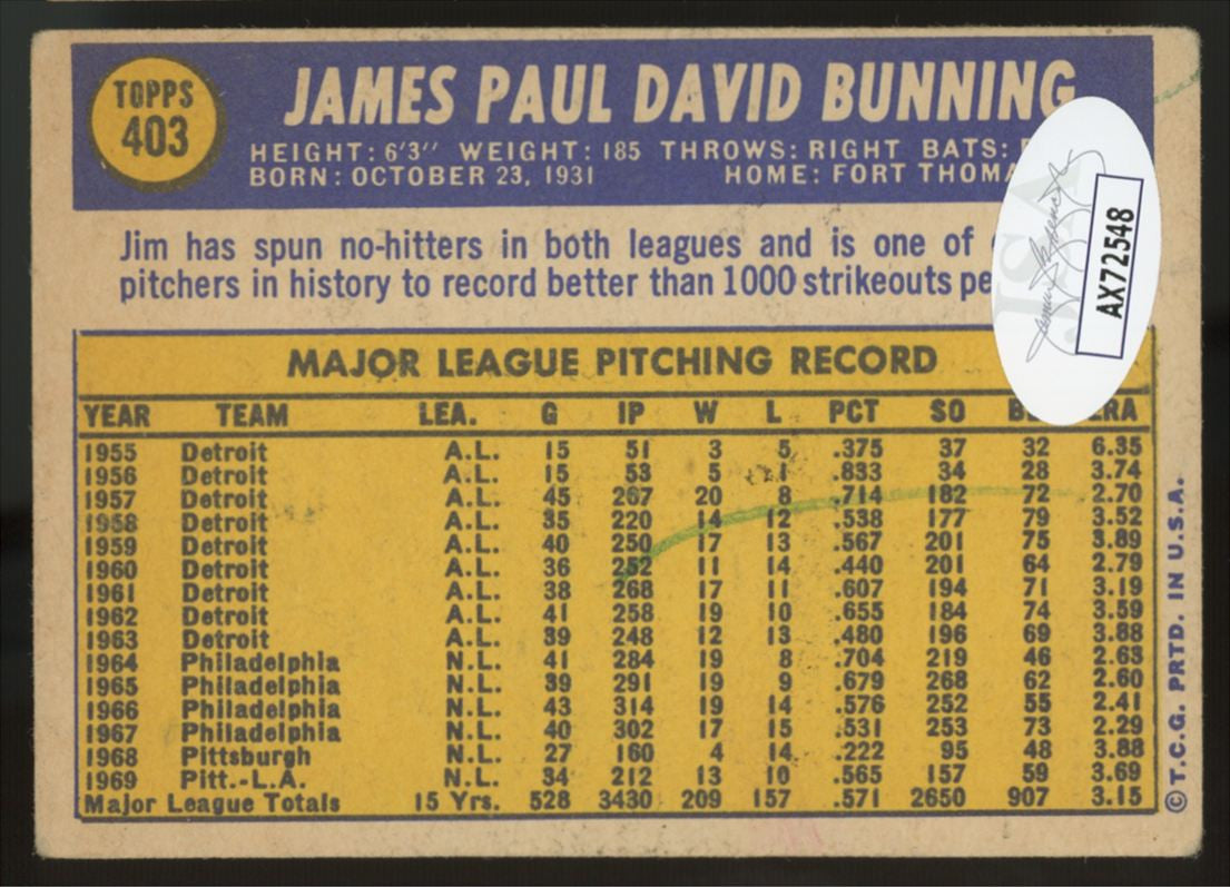 1970 Topps Jim Bunning #403 Signed Autographed Card JSA