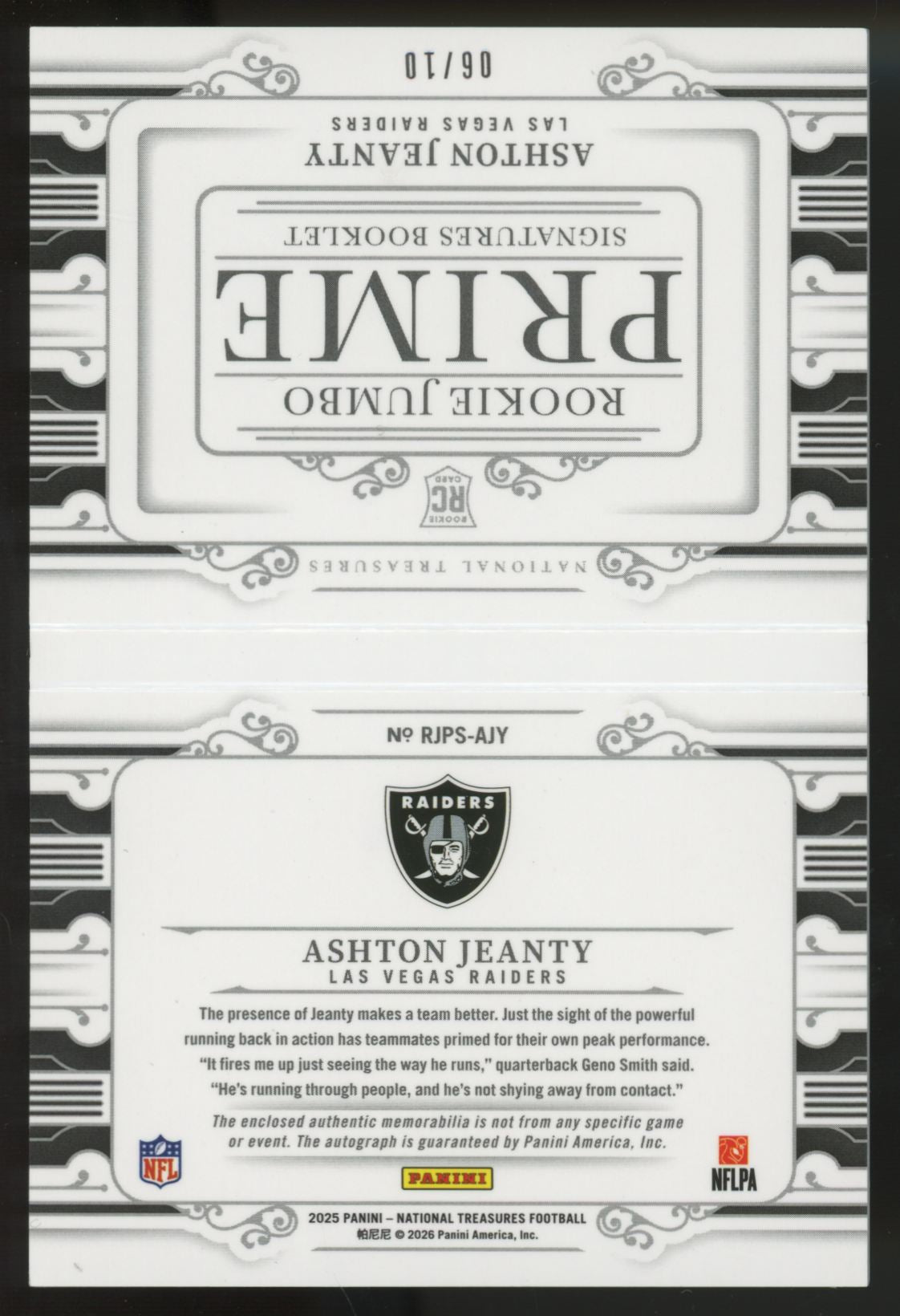 2025 Panini National Treasures Ashton Jeanty RC Prime Patch Auto Booklet RPA /10