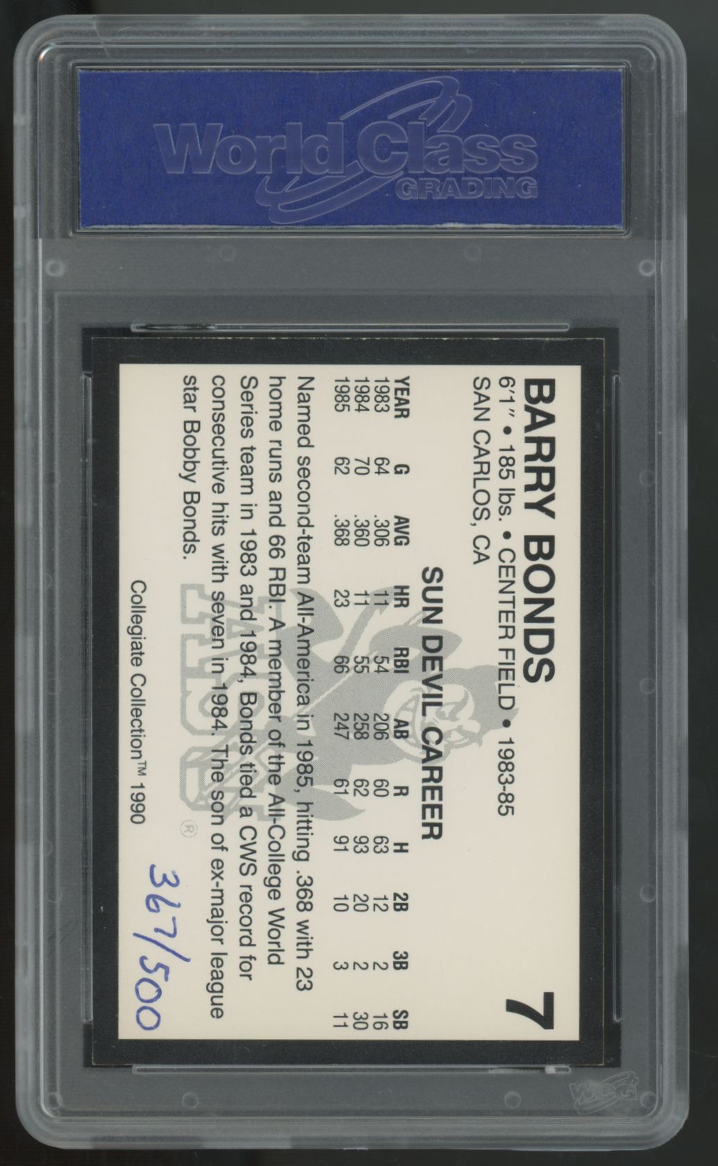1990 Collegiate Collection Barry Bonds Auto /500 #7 WCG 10