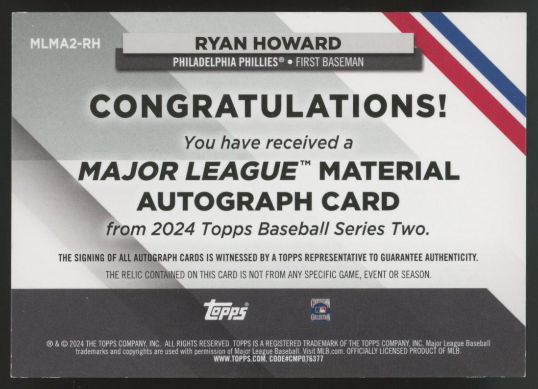 2024 Topps Series Two Ryan Howard Major League Red Patch Auto /25 #MLMA2-RH