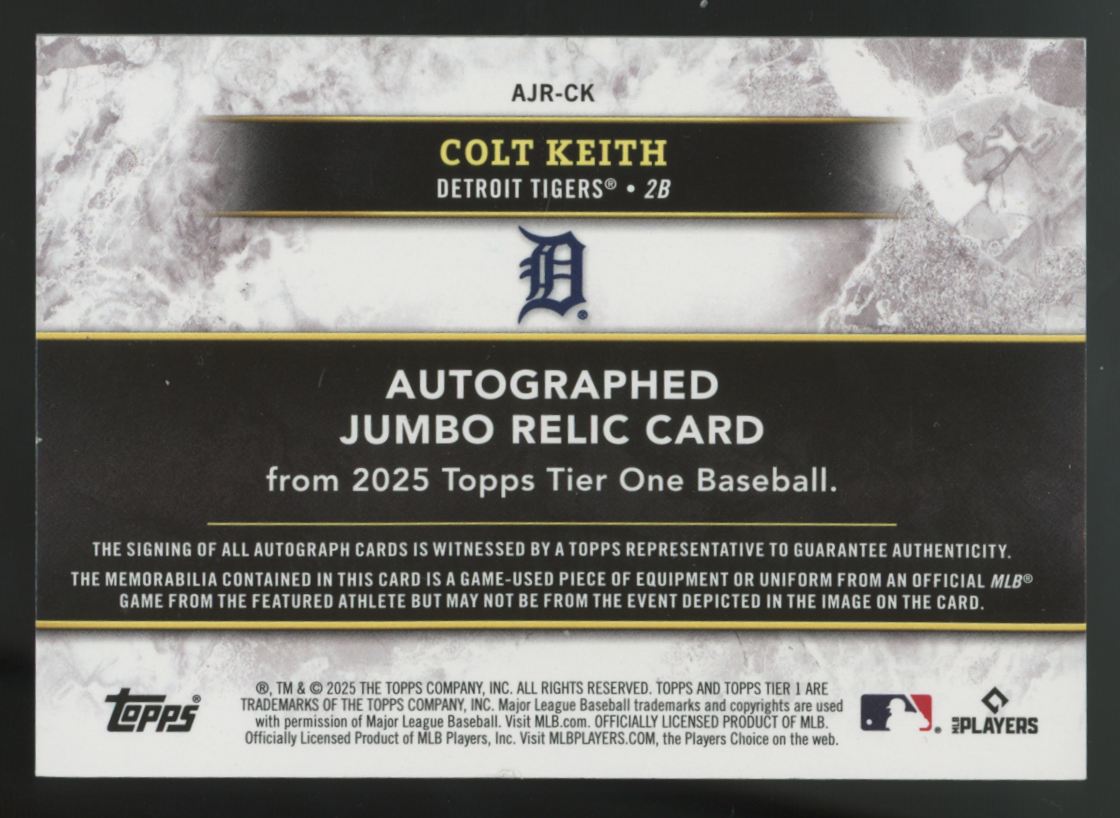 2025 Topps Tier One Colt Keith Jumbo Patch Auto /199 #AJR-CK